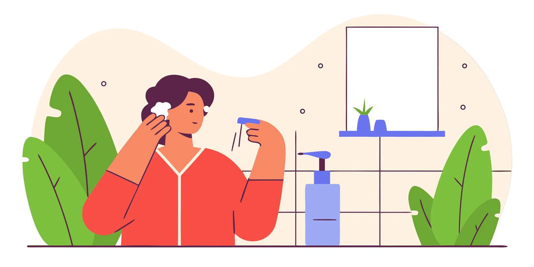 Flat vector illustration of a person gently cleaning a new ear piercing with saline spray
