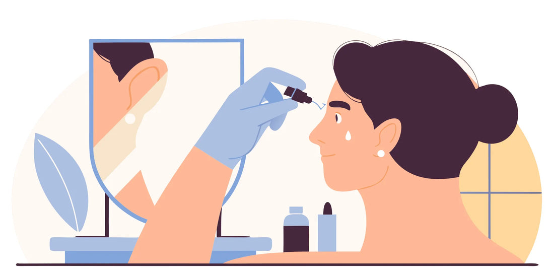 Flat vector illustration of a person gently spraying saline solution on a fresh ear piercing in a clean bathroom setting