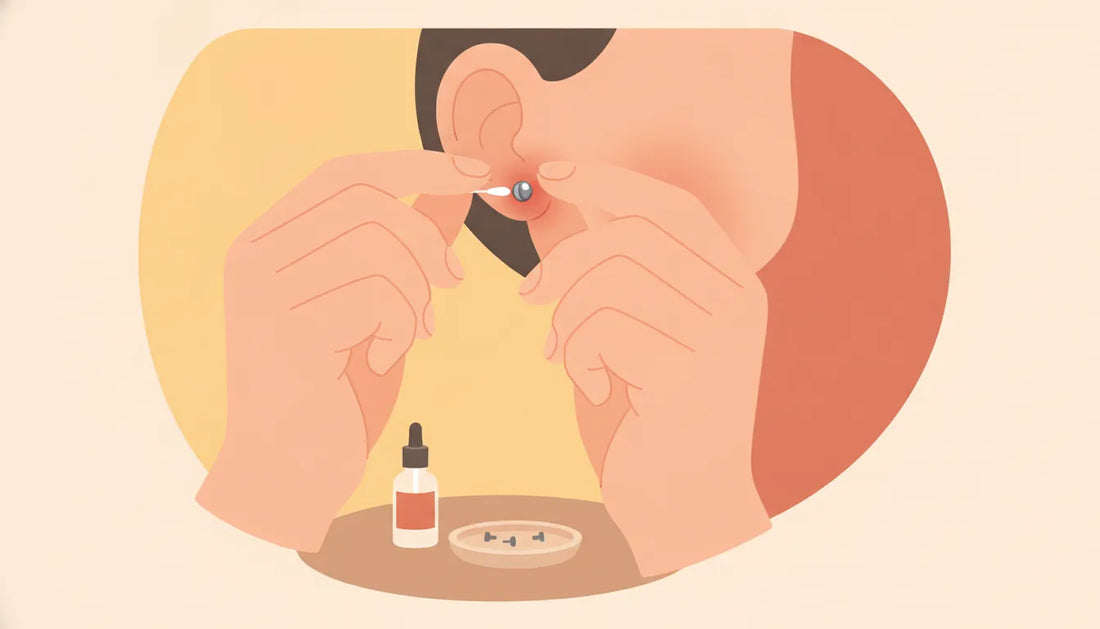 Flat vector illustration of a person gently inspecting a new ear piercing with a titanium stud during the healing process