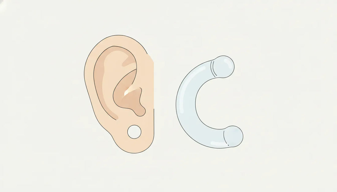Flat vector illustration of a clear piercing retainer beside an ear with a healed lobe piercing