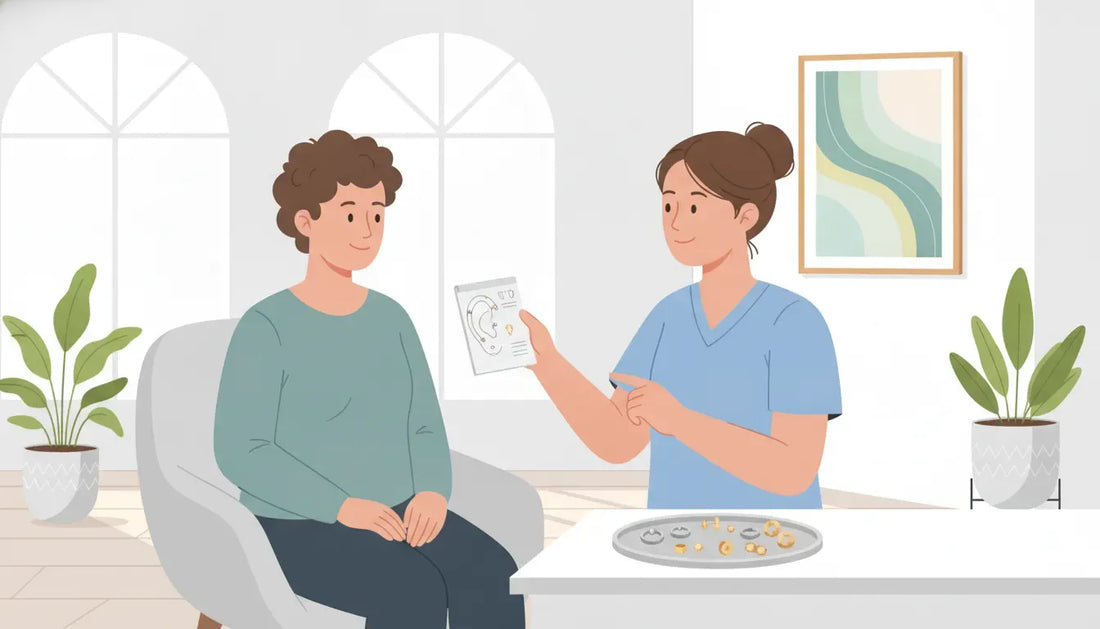 Flat vector illustration of a client comparing ear piercing options with a piercer in a bright studio