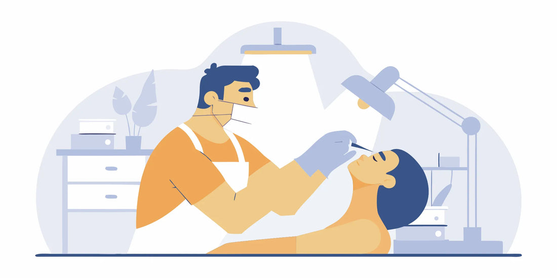 A professional piercer in a clean studio carefully positioning a septum piercing for an adult client, flat vector illustration