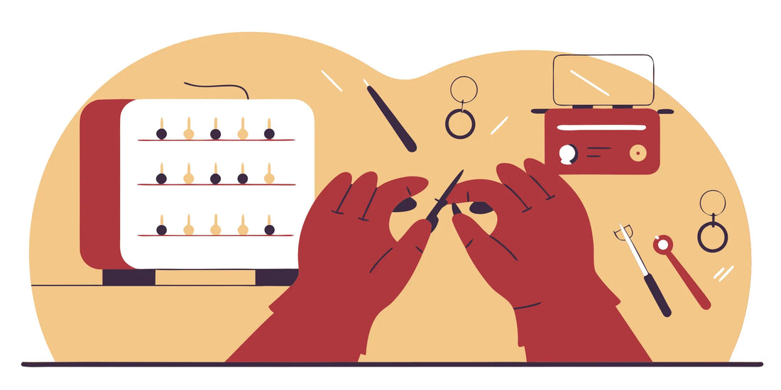 Flat vector illustration of a piercing professional preparing sterile implant-grade titanium jewelry at a clean studio workbench