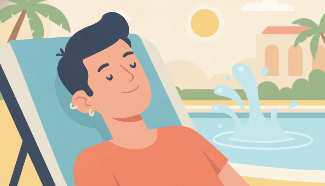 Flat vector illustration of a young adult relaxing poolside, protecting a freshly healed ear piercing on a sunny summer day