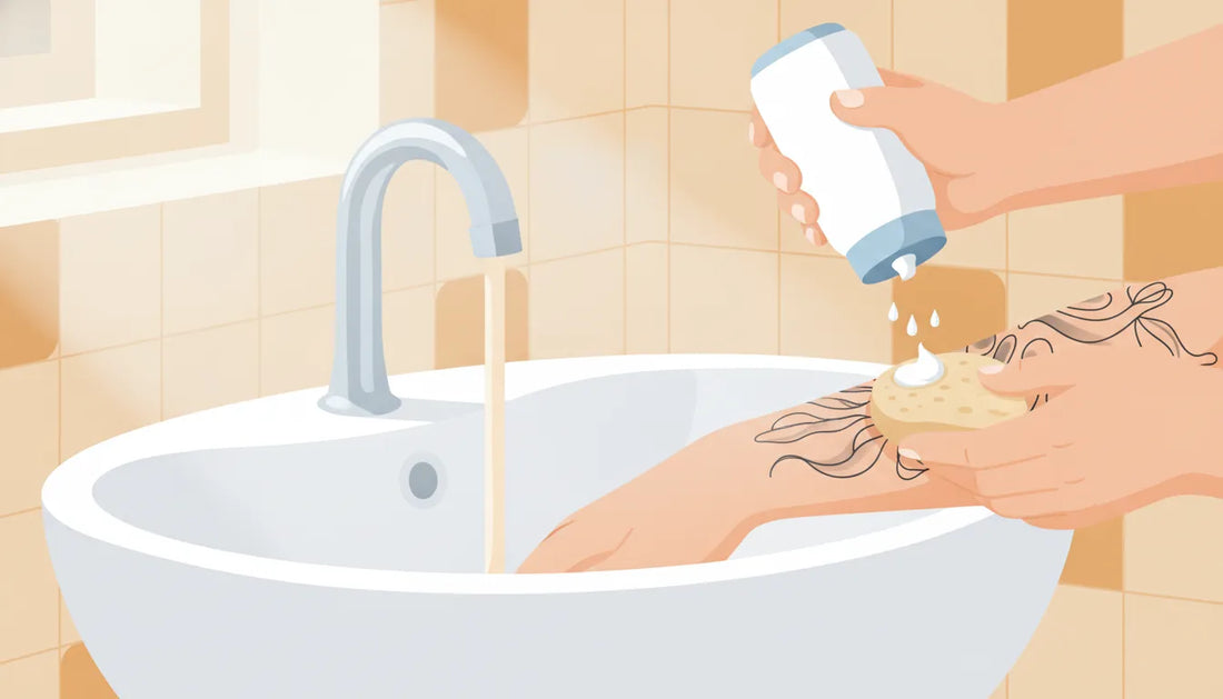 Flat vector illustration of gentle washing and moisturizing for a fresh tattoo