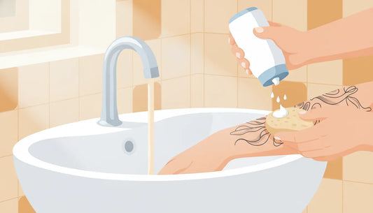 Flat vector illustration of gentle washing and moisturizing for a fresh tattoo