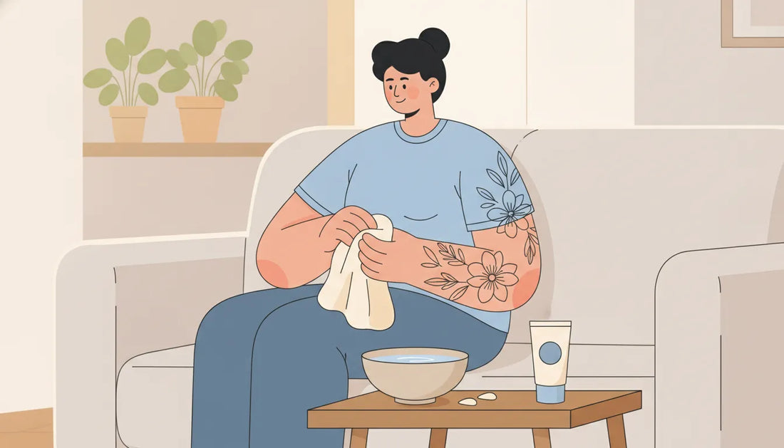 Flat vector illustration of caring for a fresh tattoo during healing