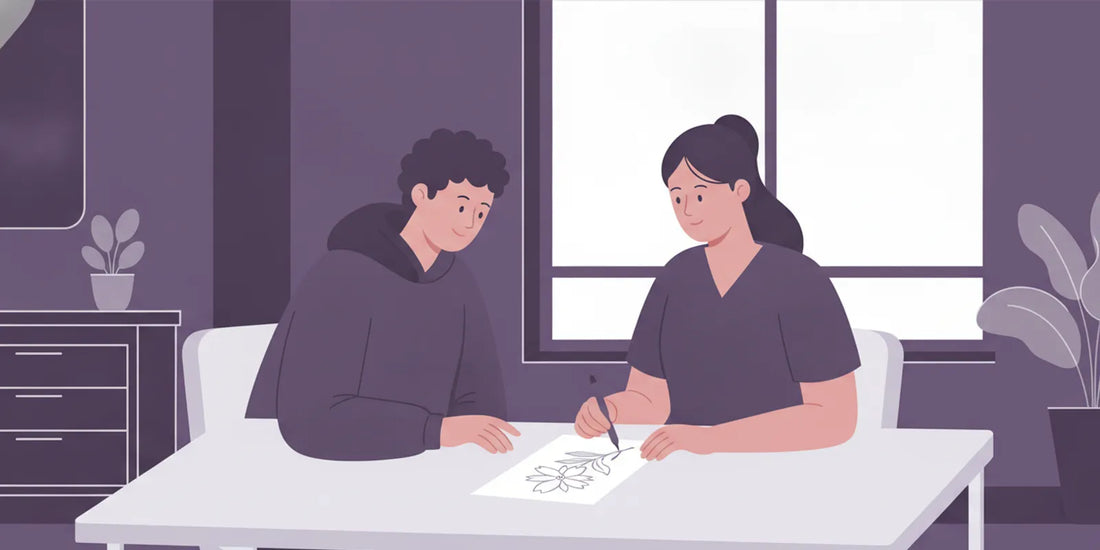 Flat vector illustration of a client and tattoo artist reviewing a tattoo design before a session
