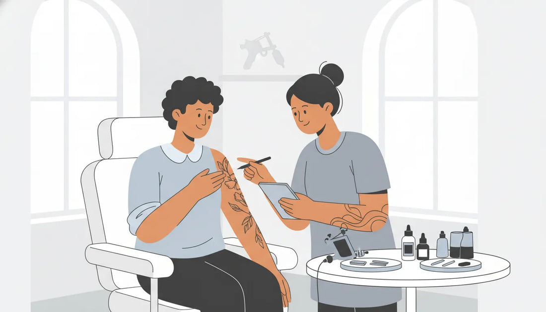 Flat vector illustration of a tattoo placement consultation in a professional studio
