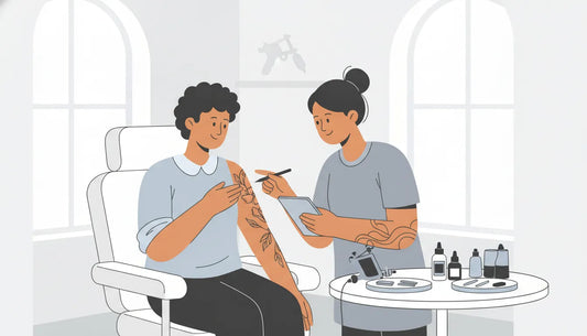 Flat vector illustration of a tattoo placement consultation in a professional studio
