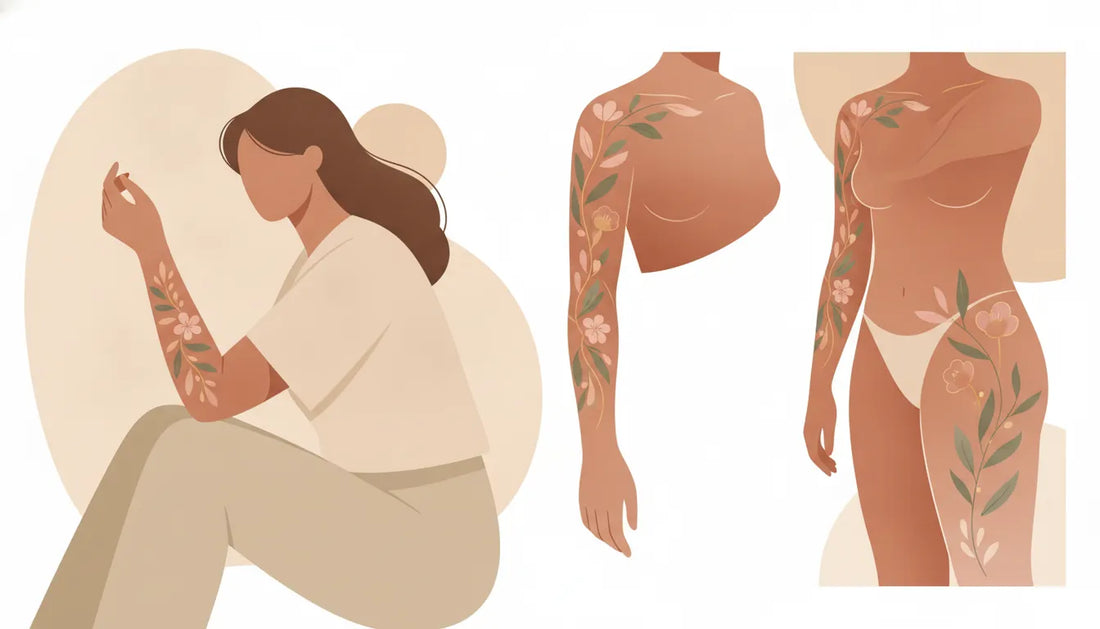 Flat vector illustration showing tattoo placement options on the arm, shoulder, and thigh
