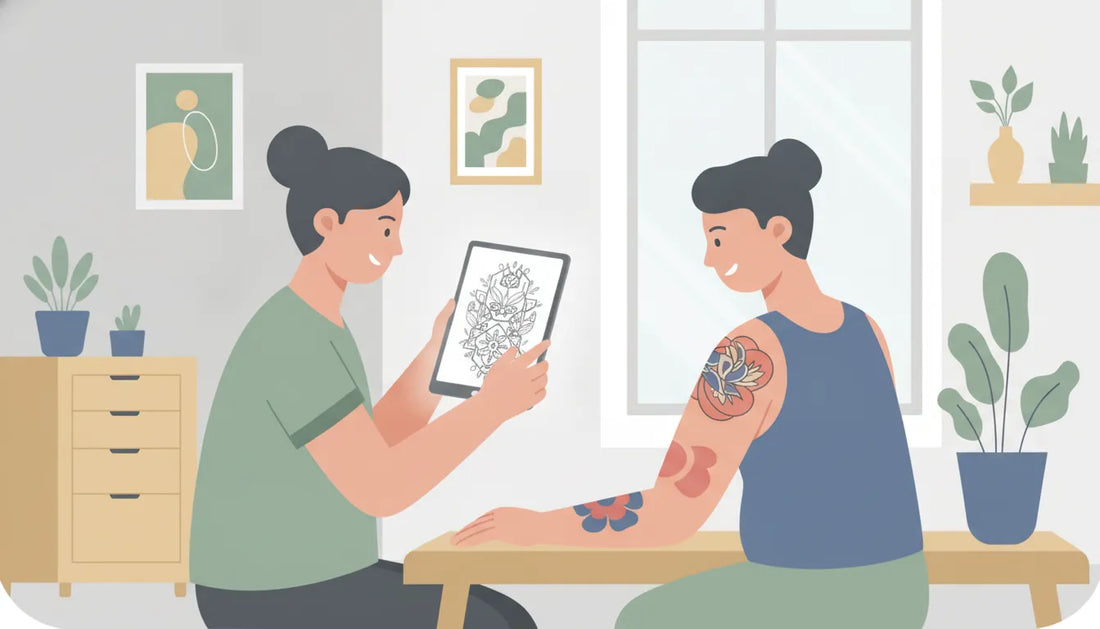Flat vector illustration of a tattoo artist and client reviewing a custom tattoo design