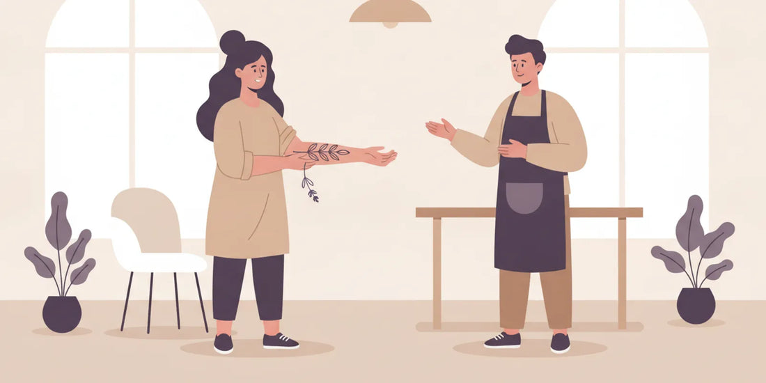 Flat vector illustration of a healed tattoo being thoughtfully reviewed for a possible touch up