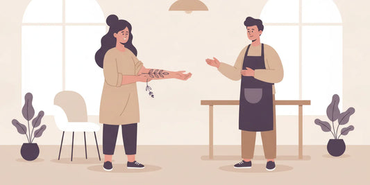 Flat vector illustration of a healed tattoo being thoughtfully reviewed for a possible touch up