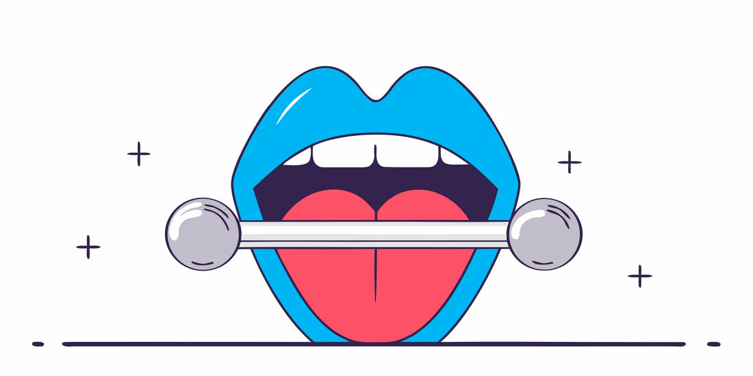 Flat vector illustration of a tongue with a silver barbell piercing centered through it