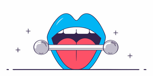 Flat vector illustration of a tongue with a silver barbell piercing centered through it