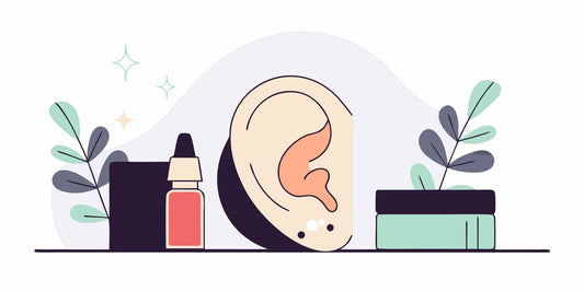 A flat vector illustration showing high quality titanium and gold tragus piercing jewelry styled in a human ear.