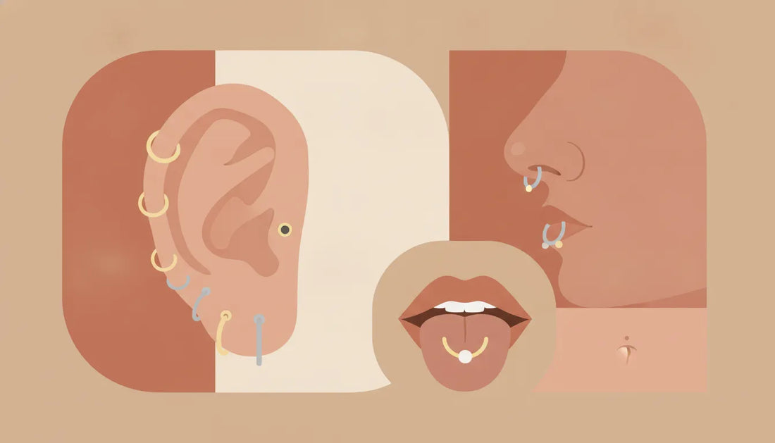 Flat vector illustration of common ear, nose, lip, tongue, and navel piercing placements