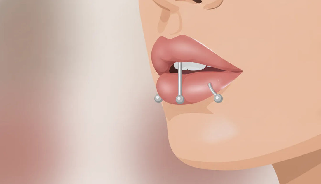 Flat vector illustration of a woman's lips with a vertical labret piercing showing a curved barbell through the lower lip