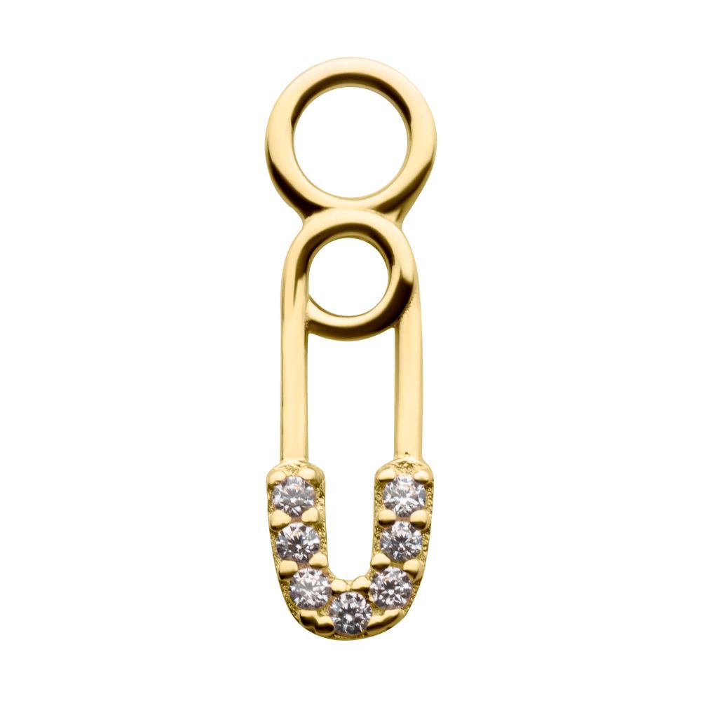 14Kt Yellow Gold Safety Pin with 3-Clear CZ Charm