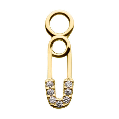 14Kt Yellow Gold Safety Pin with 3-Clear CZ Charm