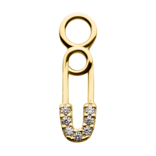 14Kt Yellow Gold Safety Pin with 3-Clear CZ Charm