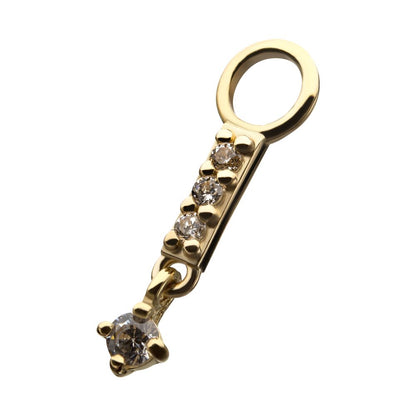 14Kt Yellow Gold Clear CZ Bar with Dangle Prong Set Round Clear CZ Charm