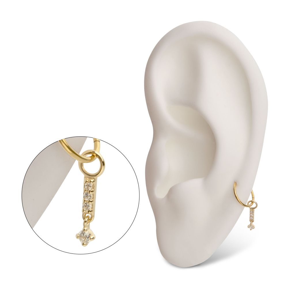 14Kt Yellow Gold Clear CZ Bar with Dangle Prong Set Round Clear CZ Charm