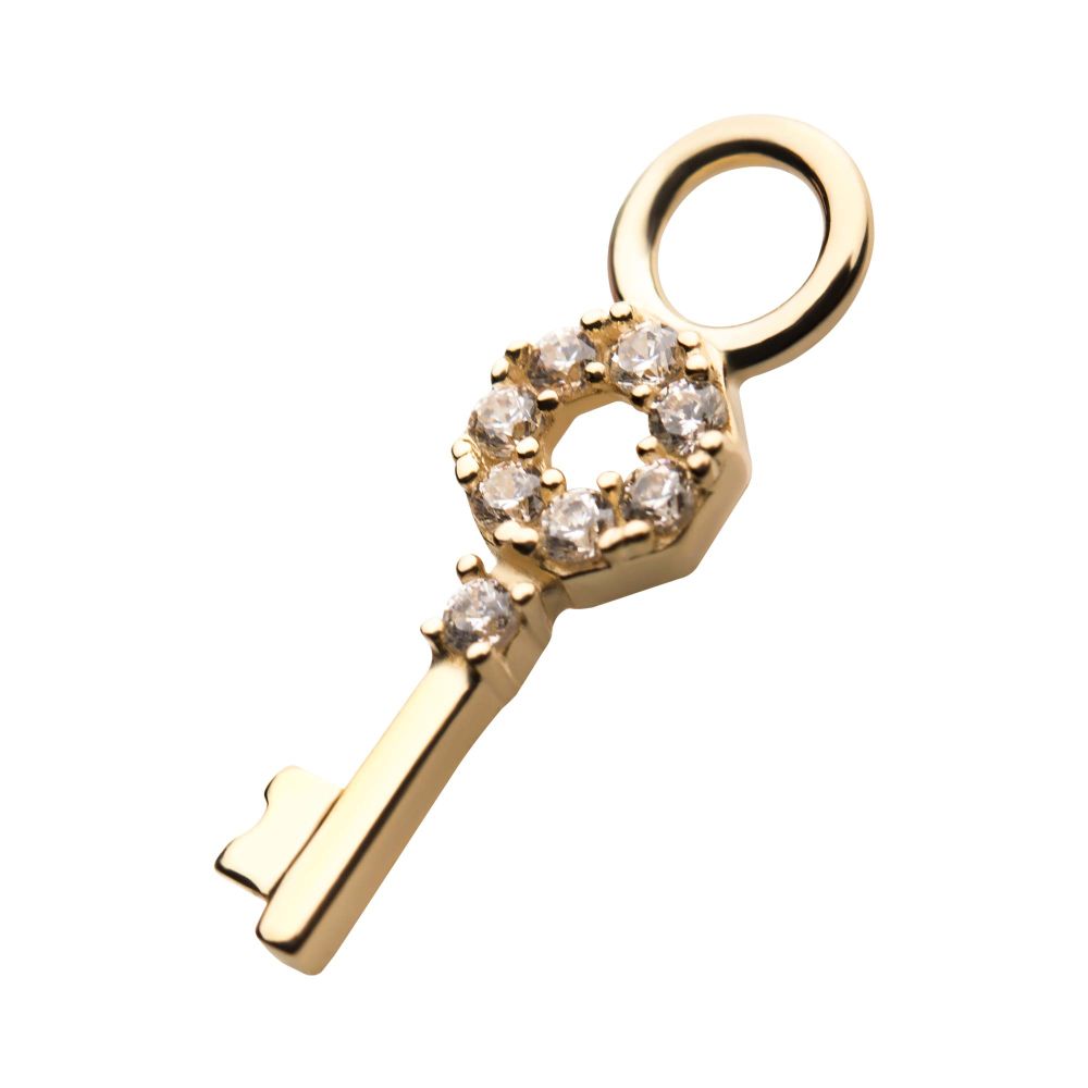 14Kt Yellow Gold Key with Prong Set 8 Clear CZ Charm
