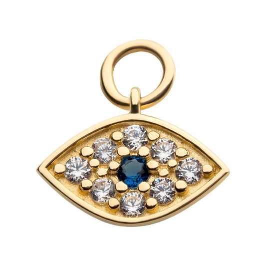 14Kt Yellow Gold Evil Eye with Round Centerpiece Sapphire CZ and 8 Clear CZ Dangle Charm