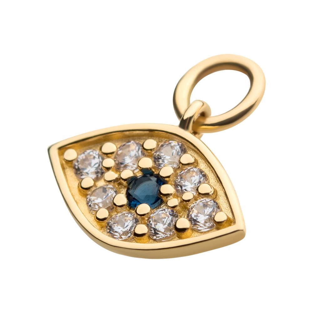 14Kt Yellow Gold Evil Eye with Round Centerpiece Sapphire CZ and 8 Clear CZ Dangle Charm