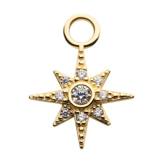 14Kt Yellow Gold 8-Point Star with Round Clear CZ Charm