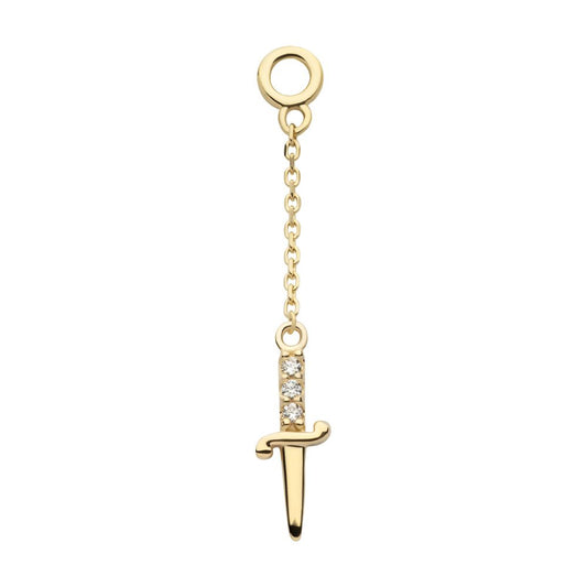 14Kt Yellow Gold 3-Cluster Prong Set Round CZ Dagger Dangle Charm with 10mm Chain