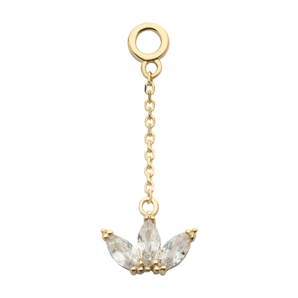 14Kt Yellow Gold 3-Cluster Marquise CZ Dangle Charm with 10mm Chain