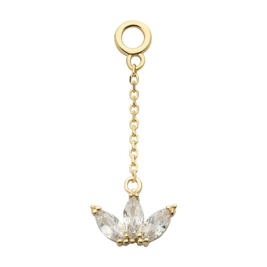 14Kt Yellow Gold 3-Cluster Marquise CZ Dangle Charm with 10mm Chain