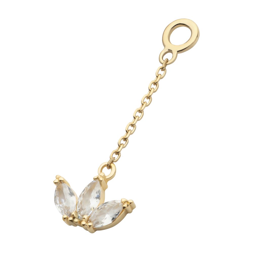 14Kt Yellow Gold 3-Cluster Marquise CZ Dangle Charm with 10mm Chain