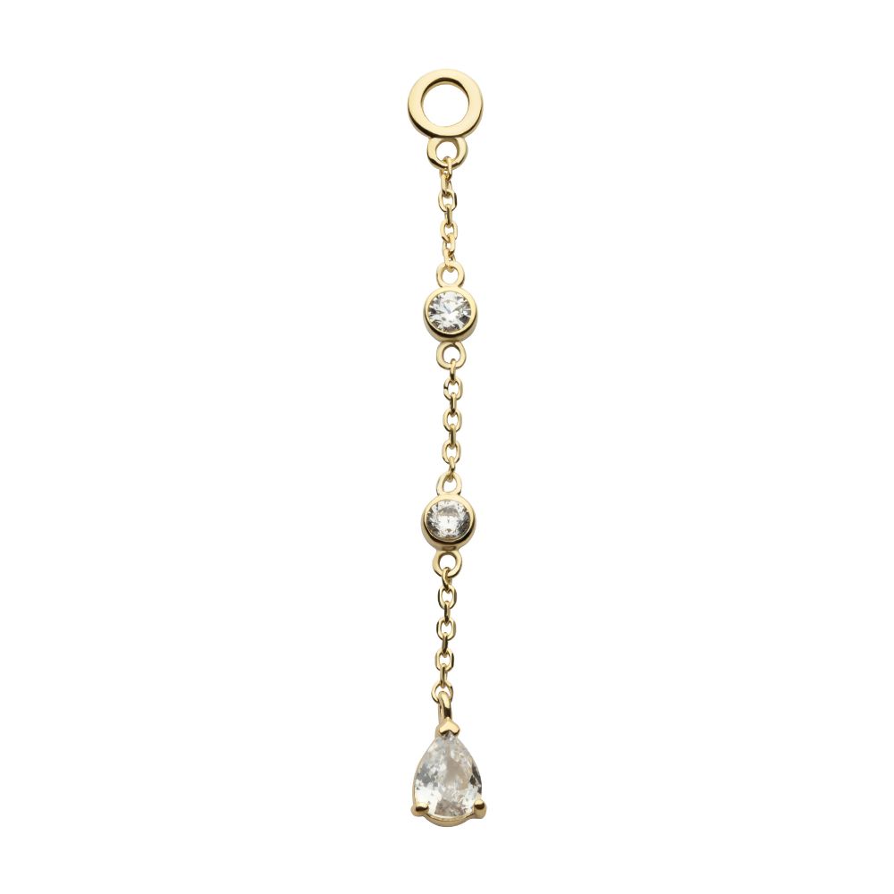 14Kt Yellow Gold Round & Teardrop Shape CZ 3-Tier Dangle Charm with Chains