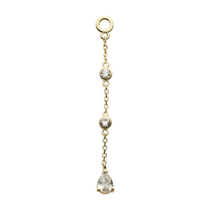 14Kt Yellow Gold Round & Teardrop Shape CZ 3-Tier Dangle Charm with Chains