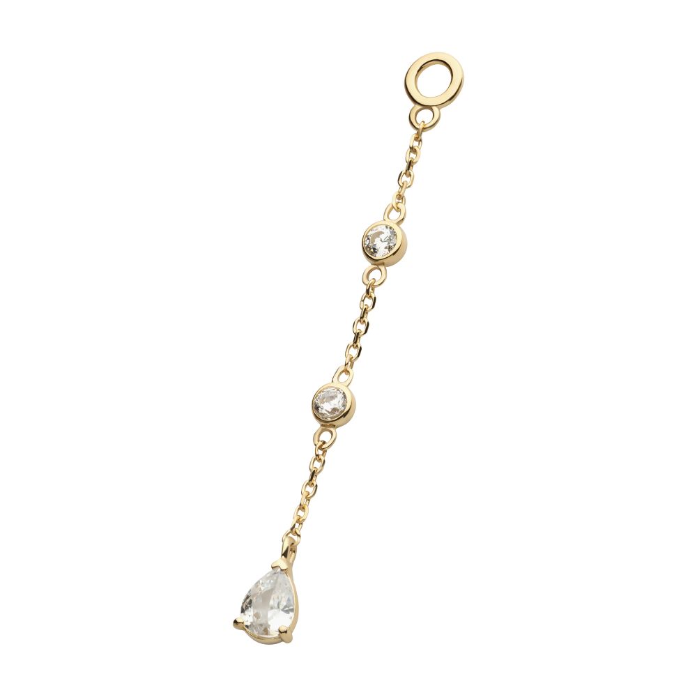 14Kt Yellow Gold Round & Teardrop Shape CZ 3-Tier Dangle Charm with Chains