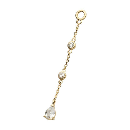 14Kt Yellow Gold Round & Teardrop Shape CZ 3-Tier Dangle Charm with Chains