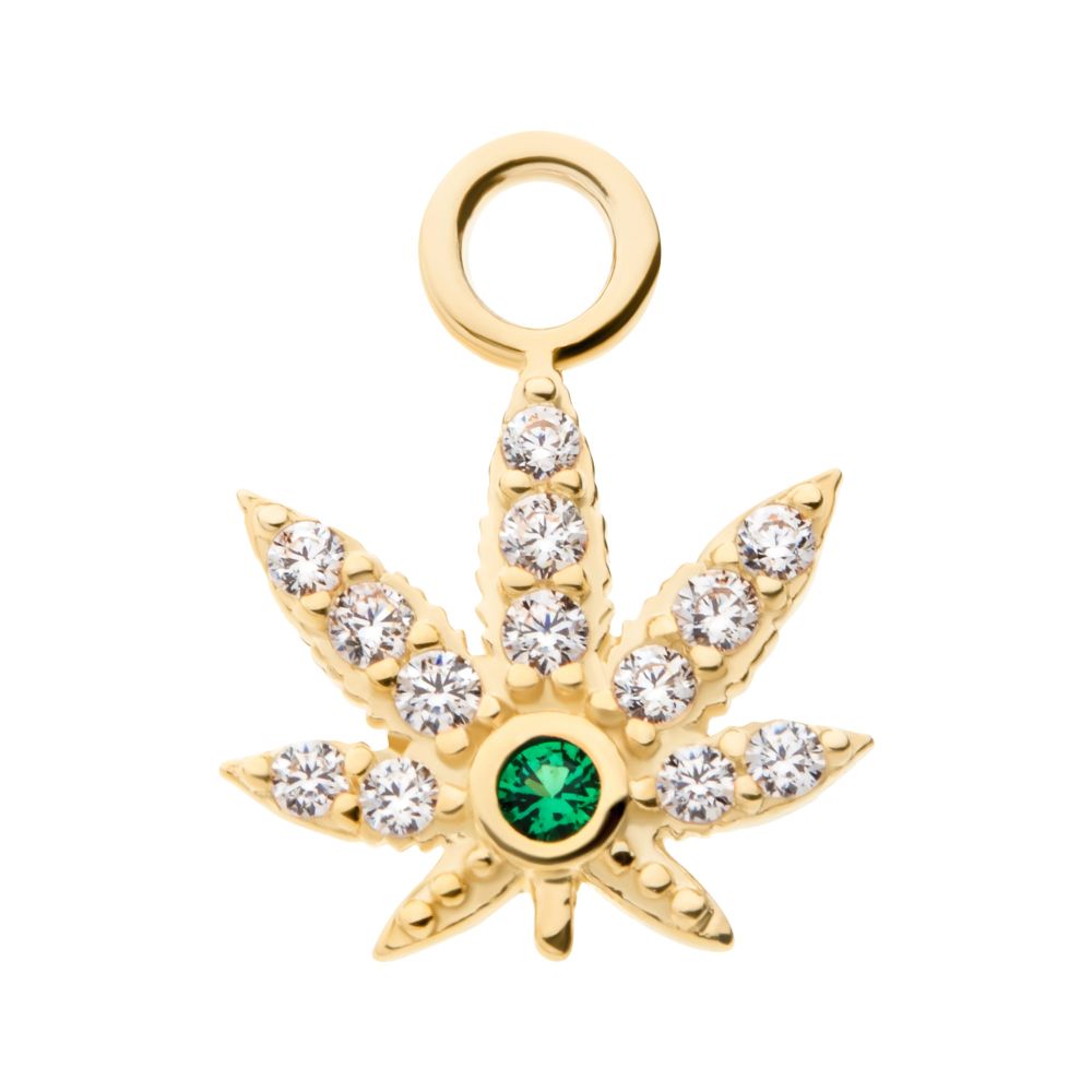14Kt Yellow Gold with Clear & Emerald CZ Pot Leaf Charm