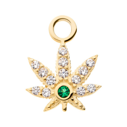14Kt Yellow Gold with Clear & Emerald CZ Pot Leaf Charm