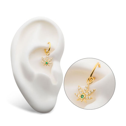 14Kt Yellow Gold with Clear & Emerald CZ Pot Leaf Charm