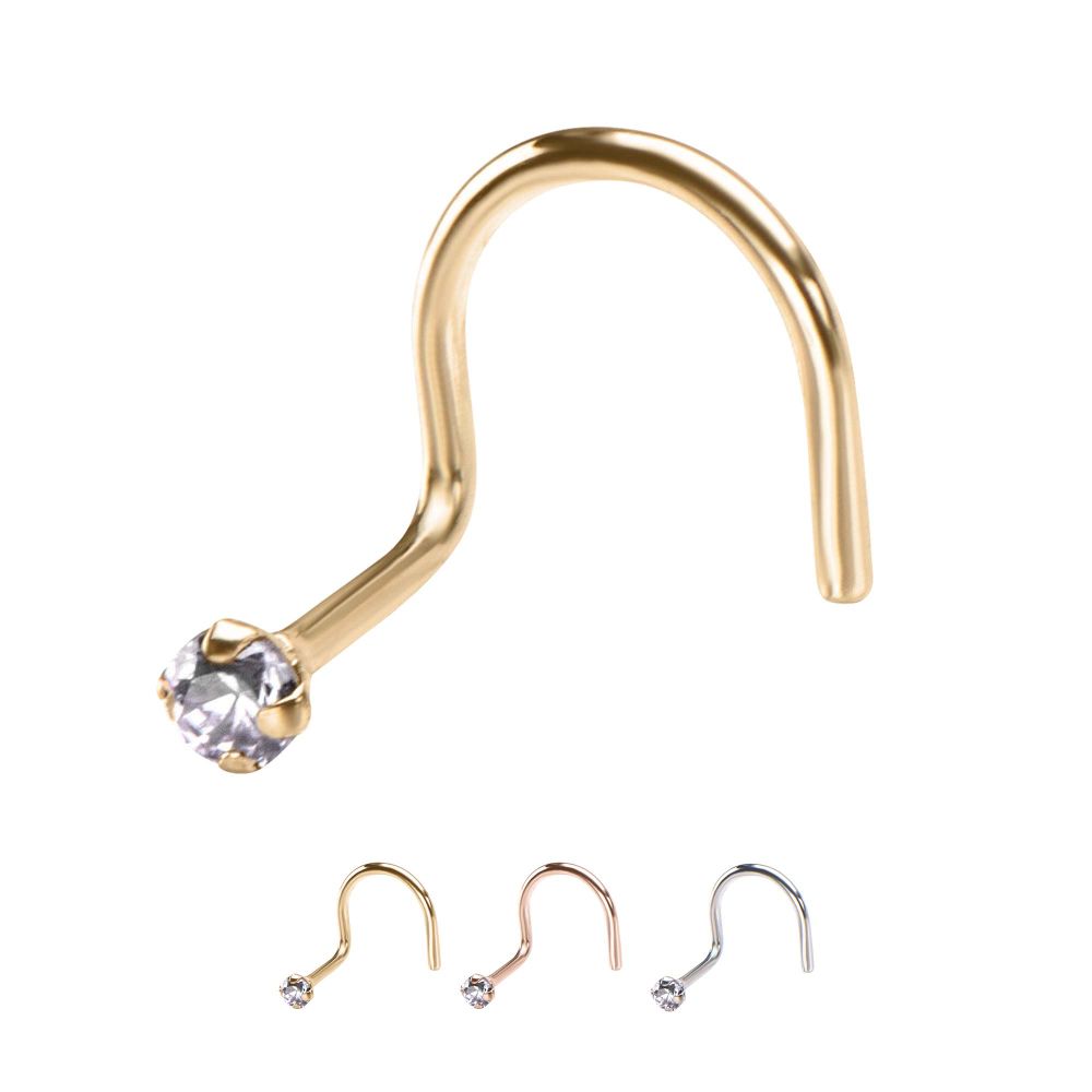 14kt Gold Nose Screw with a 2mm Prong Set Clear CZ Gem Top