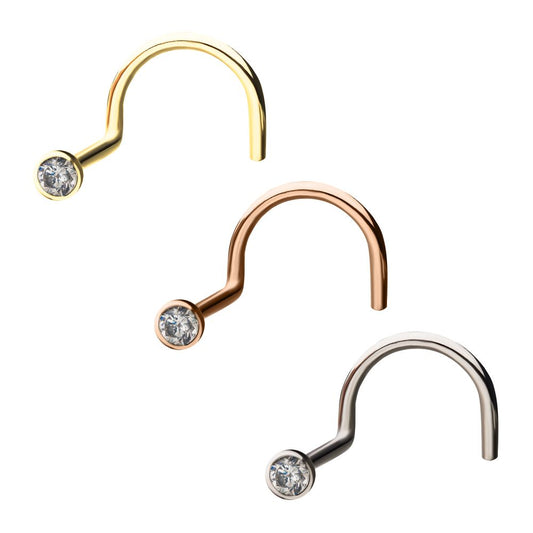 14kt Gold Nose Screw with Bezel Set Clear CZ Gem Top
