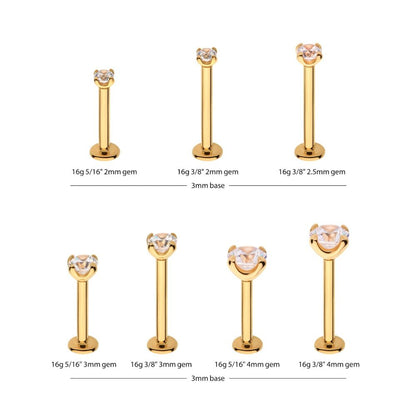 14Kt-Yellow Gold Internally Threaded with Clear CZ Top & 3mm Base Labret