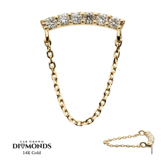 14kt Yellow Gold Threadless Curved Bar Cluster Top with Prong Set 6 Round Lab-Grown Diamonds & Dangle Chain