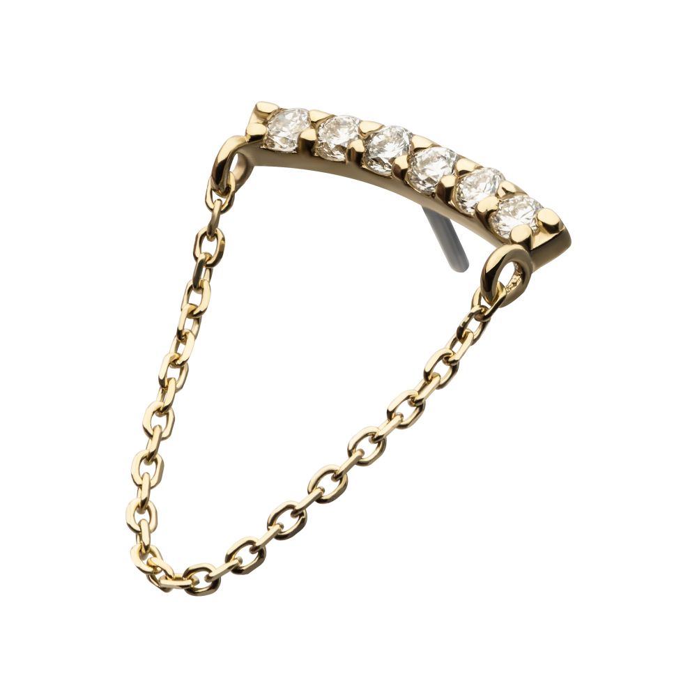 14kt Yellow Gold Threadless Curved Bar Cluster Top with Prong Set 6 Round Lab-Grown Diamonds & Dangle Chain