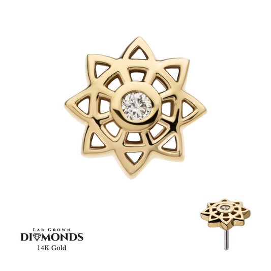 14kt Yellow Gold Threadless Mandala Flower Top with Center Bezel Set Round Lab-Grown Diamond