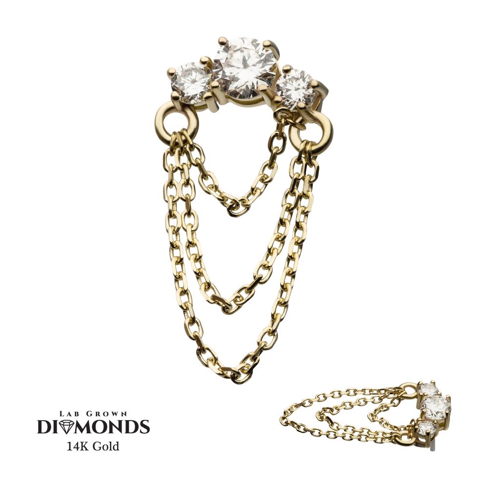 14Kt Yellow Gold Threadless Prong Set 3 Cluster Round Lab-Grown Diamonds Top with Triple Dangle Chain